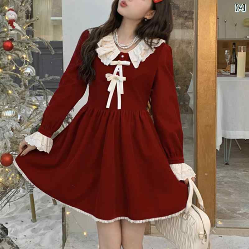 レディース ファッション ガールズ ワンピース クリスマス ベルベット 人形襟 ドレス 秋冬 大きいサイズ レース リボン プリンセス