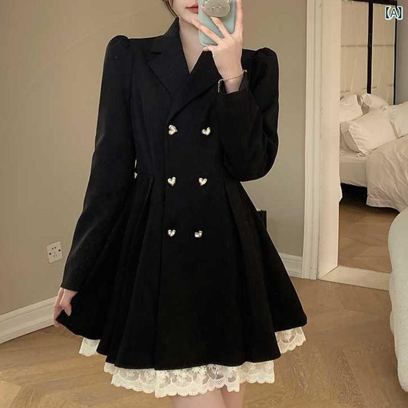 ワンピース レディース ファッション ガールズ 春秋 大きめサイズ 甘くて クール ウエスト レース スプライシング スーツ ドレス ブラック スカートのサムネイル