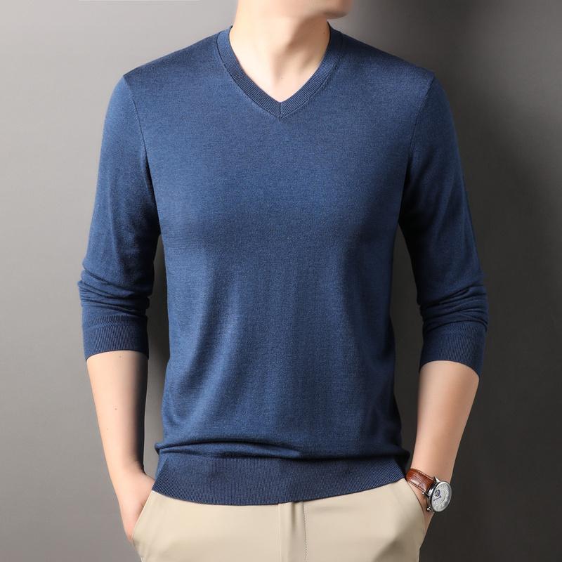 春秋 Vネック 長袖 Tシャツ メンズ ファッション ウール 無地 シンプルコーデ セーター ベーシック トップス レイヤリング 日常使い カジュアル おしゃれ 柔らかい 着心地 快適