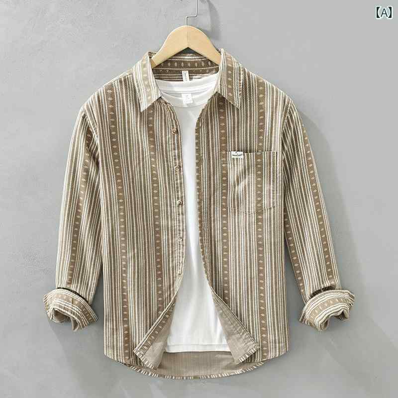 シャツ コーデュロイ 和風 ストライプ トップス 長袖 シングルブレスト レギュラーカラー カジュアル 春秋 メンズ 男性 ゆったりフィット 軽量 柔らか 日常使い アウトドア リラックス