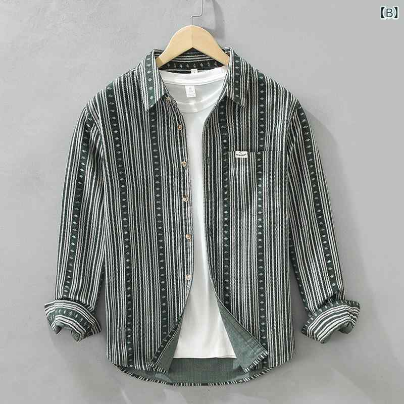 シャツ コーデュロイ 和風 ストライプ トップス 長袖 シングルブレスト レギュラーカラー カジュアル 春秋 メンズ 男性 ゆったりフィット 軽量 柔らか 日常使い アウトドア リラックス