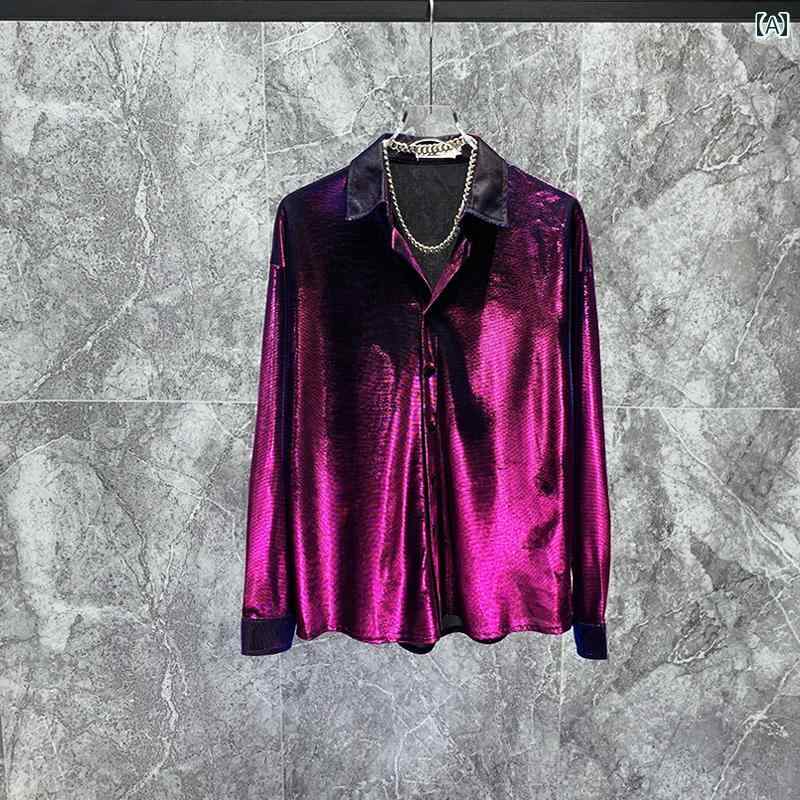 セクシー 韓国スタイル シャツ 光沢 ゆったり メンズ 長袖 ファッション トップス オールシーズン 薄手 個性的 カジュアル ナイトクラブ