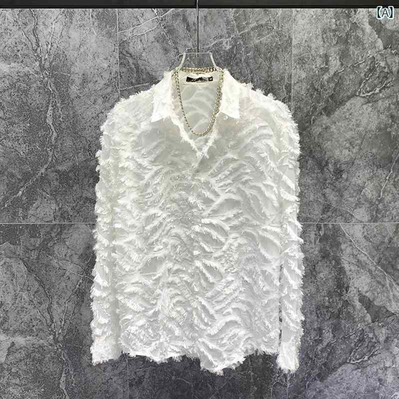 春秋 スタイル シャツ デザイン フリンジ 薄手 メンズ ファッション ポインテッドカラー 長袖 トップス カジュアル 個性的 おしゃれ