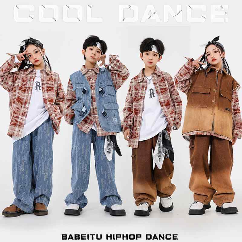 子供服 女の子 男の子 チェックシャツ Tシャツ ベスト パンツ コスチューム バンド ダンス ヒップホップ ストリート系 パフォーマンス グループ 衣装 クール かっこいい キッズ
