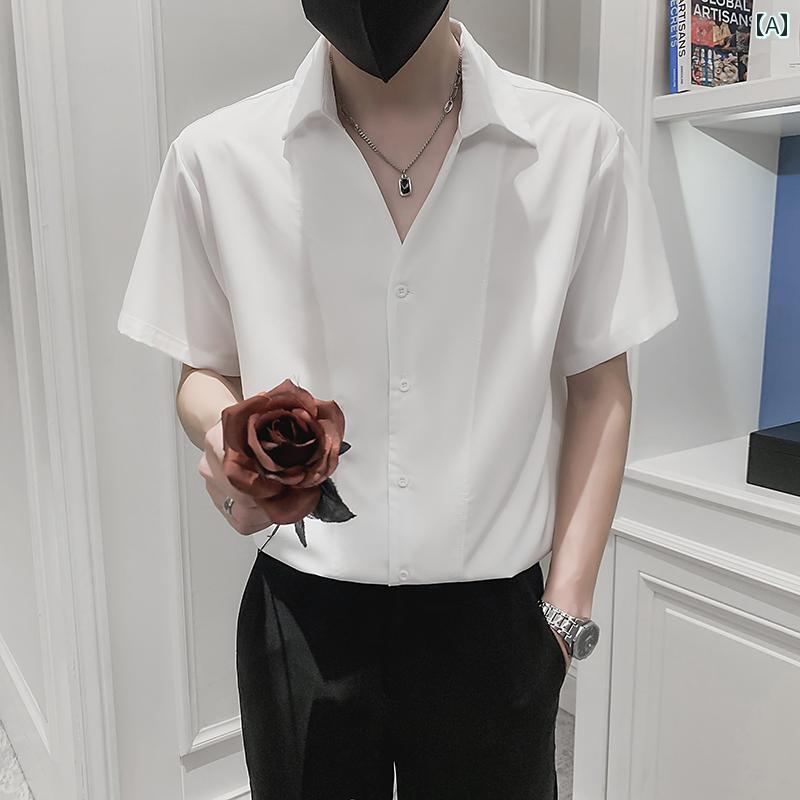 Vネック メンズ 半袖 シャツ 夏 薄手 ドレープ お洒落 スタイリッシュ モダン カジュアル ホワイト 白 グレー 灰 ブラック 黒 グリーン 緑