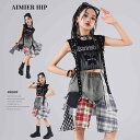 子供服 女の子 タンクトップ へそ出し チェック柄 デニムスカート ミニスカート 夏 コスチューム バンド ダンス ヒップホップ ストリート系 パフォーマンス 衣装 クール かっこいい キッズ