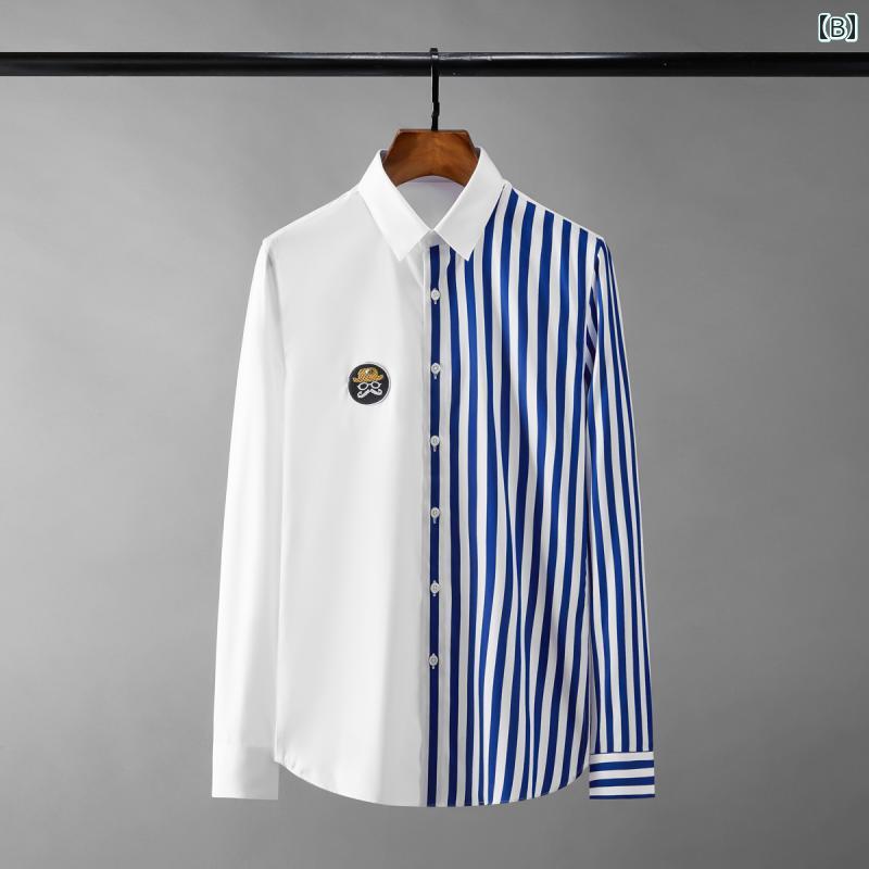シャツ トップス ストライプ パッチワーク バッジ 春 メンズ カジュアル シャツ ビジネス 男性用 長袖 スリム デザイン ホワイト 紳士服