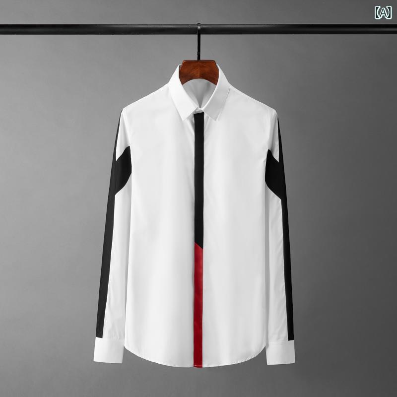 シャツ トップス 春 メンズ 服 黒と白 コントラスト ステッチ 長袖 男性用 シャツ スリム クール 紳士服 カジュアル ホワイト