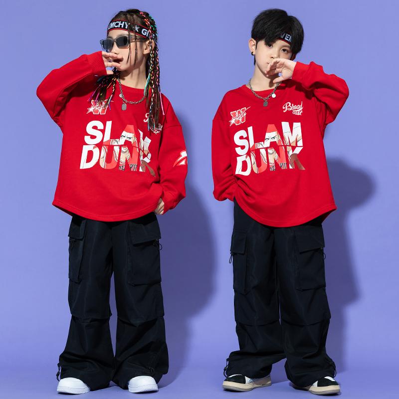 ダンスウェア 衣装 セットアップ 赤トップス 黒ズボン ヒップホップ ジャズダンス ワイドフィット 秋冬 キッズ ガールズ ボーイズ ストリート 練習着
