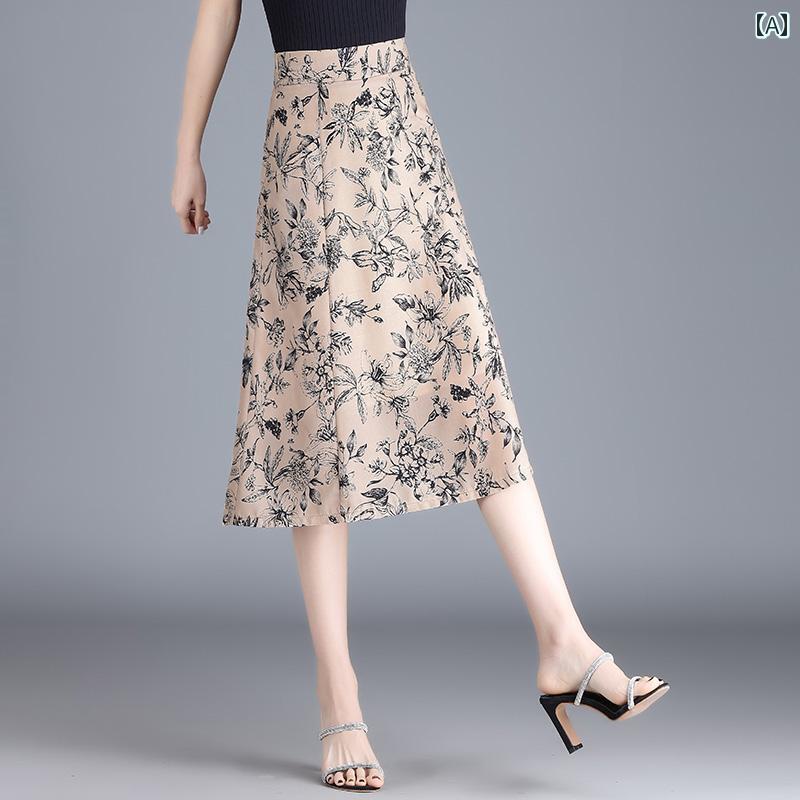 スカート レディース 大人 ボタニカル柄 ミモレ 花柄 夏 スタイル スリム見え ミドル丈 Aライン 大きい 裾 アンブレラ 薄手 シフォン