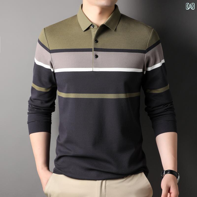 ポロシャツ メンズ トップス 普段使い 中年 男性向け 春 コットン 長袖 Tシャツ ストライプ お父さん向け 薄手 ビジネス カジュアル 上品 ゆったり