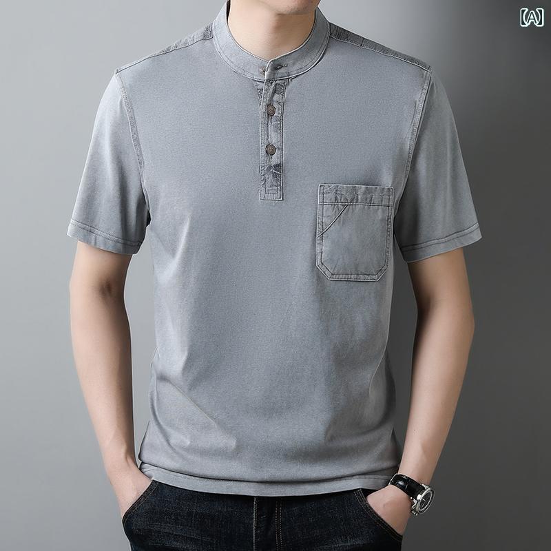 トップス スタンドカラー 夏 半袖 Tシャツ メンズ カジュアル パパ 大人向け リアルポケット インナーシャツ