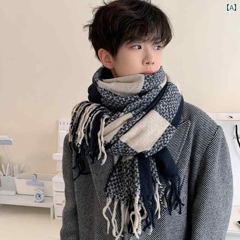 マフラー 冬 メンズ スカーフ 万能 千鳥柄 ショール 暖かい 厚手 保温性 高級感 フリンジ ファッション..