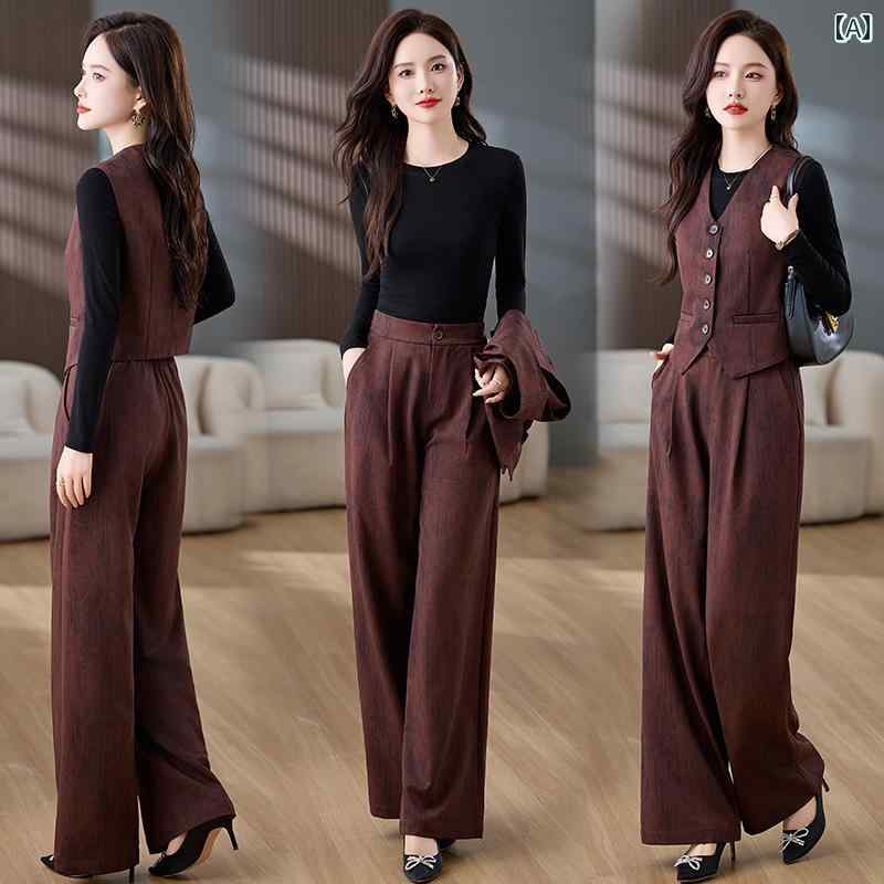 レディース カジュアル ウェア シック ハイエンド ベスト スリーピース セット ワイドレッグ モード パンツ ズボン スーツ 秋 スリム