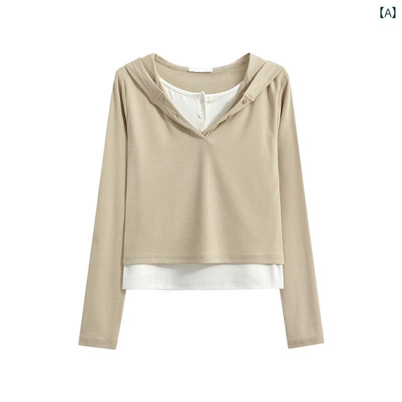 パーカー カジュアル フェイク ツーピース レディーストップス コント ラスト カラーステッチ ショート..