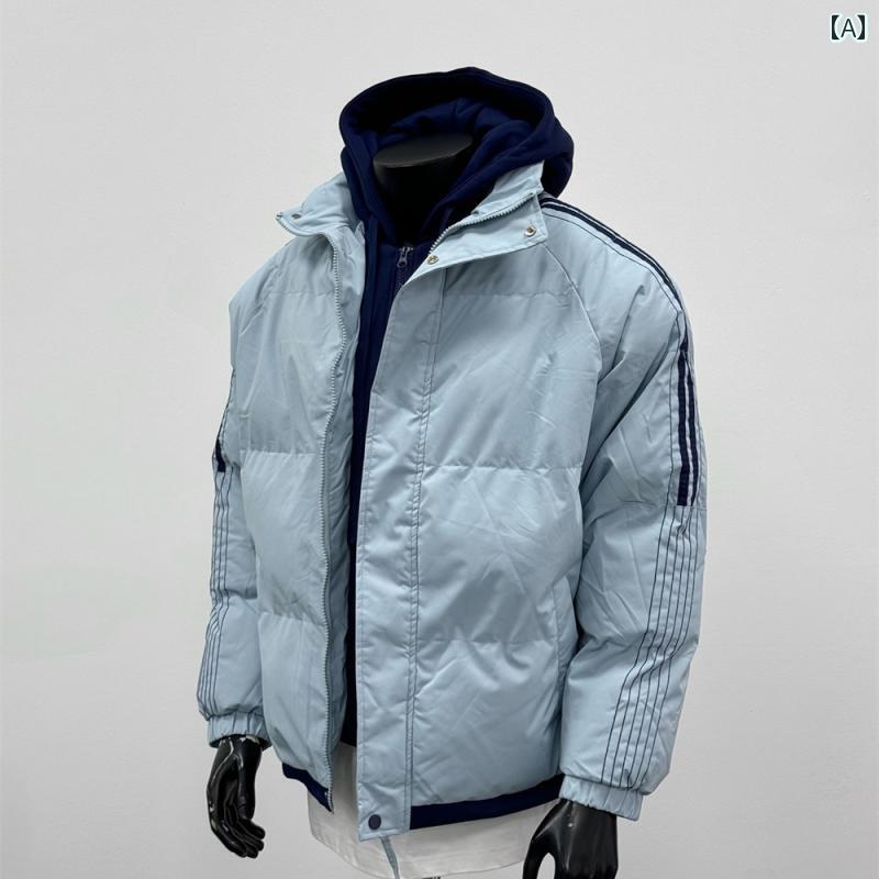 フード付き ジャケット パーカー 男性用 冬 服 アメリカン フェイク レイヤード デザイン コントラスト ストライプ ライン 入り ジップアップ 重ね着風 ライトダウン ブルー 水色 アウター メンズ 上着