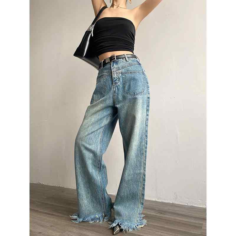 Straight Jeans - パンツ ズボン デニム ジーンズ レディース おしゃれ ファッション アメリカン レトロ ハイウエスト 女性 ストレート ロング カジュアル ジッパー デイリー