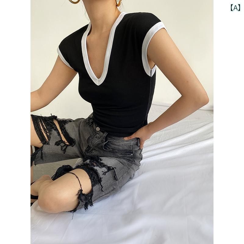 Tシャツ トップス レディース おしゃれ ファッション レトロ シンプル Vネック 夏 スリムフィット カジュアル 半袖 シンプル モダン リラックス デイリー