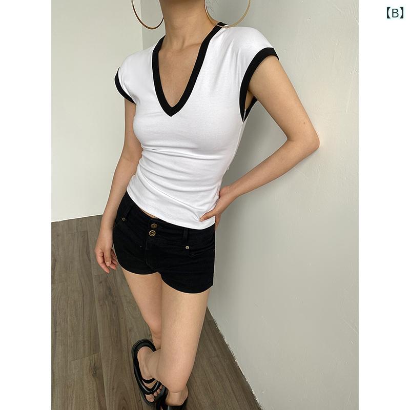 Tシャツ トップス レディース おしゃれ ファッション レトロ シンプル Vネック 夏 スリムフィット カジュアル 半袖 シンプル モダン リラックス デイリー