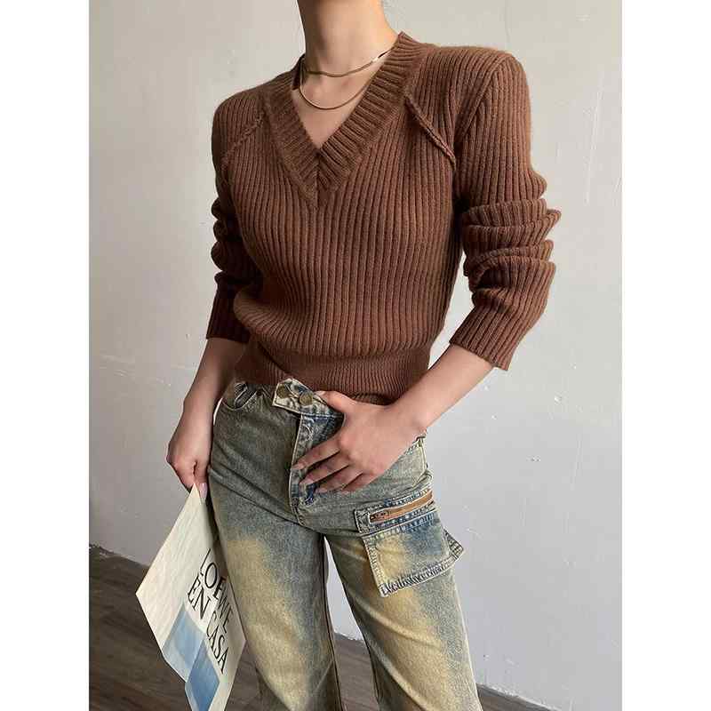 V-Neck - ニット セーター トップス レディース おしゃれ ファッション Vネック 秋 ゆったり スリムフィット 長袖 カジュアル アメリカン デイリー スタイリッシュ