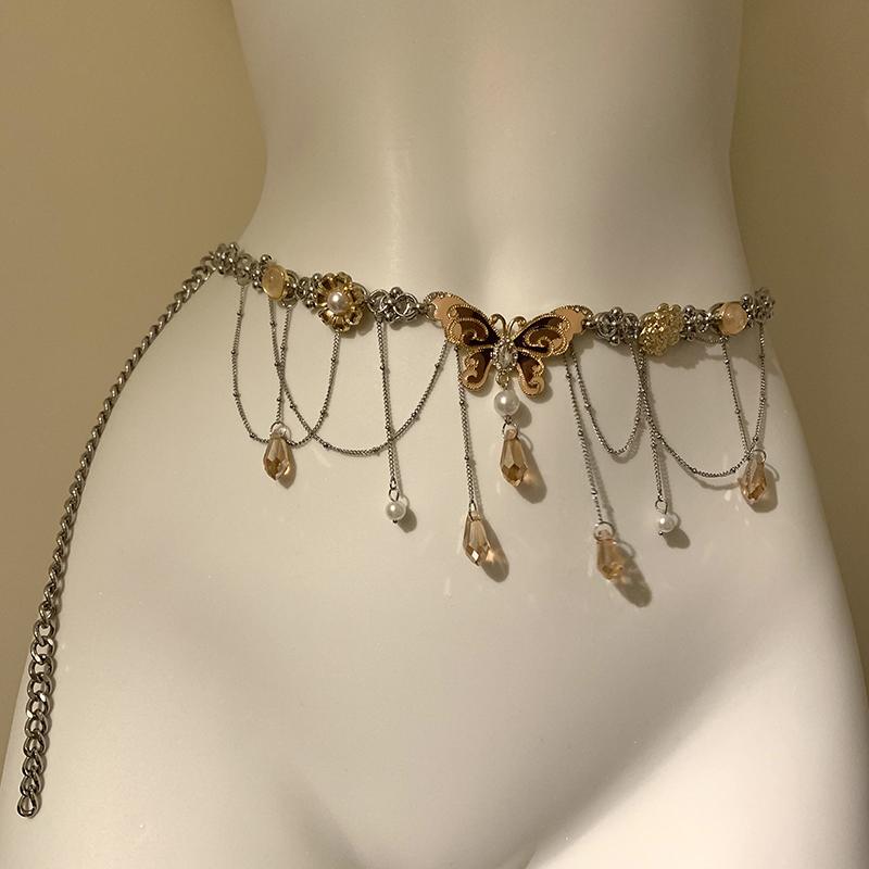 ウエストチェーン バタフライ アクセサリー レディース おしゃれ ファッション メイラード 蝶 ゴージャス 女性 メタル 68cm+25cm 調節可能 フェミニ...