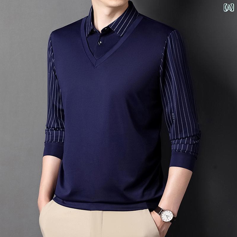 メンズ トップス ラペル 重ね着風 薄手 カジュアル 中年 パパ コーディネート 春秋 長袖 Tシャツ ポロカラー シャツ