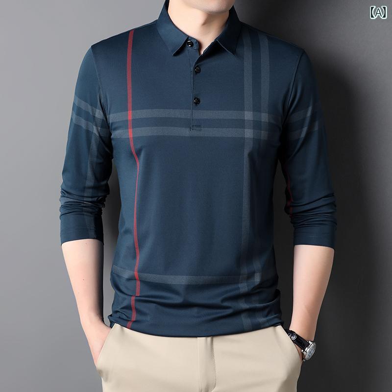 ポロシャツ 長袖 カジュアル トップス レジャー ゴルフ デイリー 中年 男性 Tシャツ 春秋 通気性 ラペル ファッション スタイリッシュ クール 服 お父さん