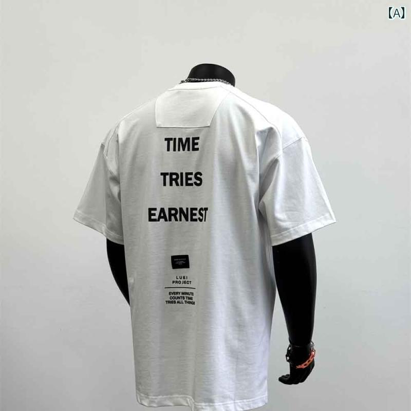 メンズ Tシャツ 半袖 アメリカン 夏 コットン 白 黒 モノトーン シンプル パッチ装飾と英文字 プリント ワンポイントプリント カジュアル トップス ラウンドネック アメリカン ストリート