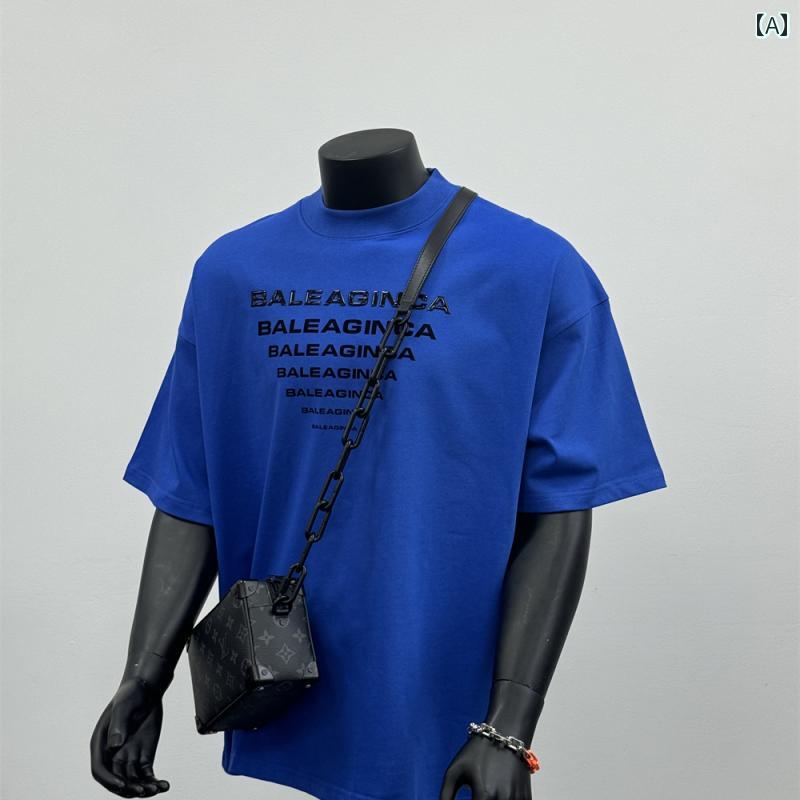 メンズ Tシャツ 半袖 アメリカン 夏 コットン ソリッドカラー 青他全4色 前英文字 立体プリント／クリスタルと黒 トレンド スタイリッシュ モダン カジュアル トップス シンプル ストリート