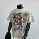 メンズ Tシャツ 半袖 アメリカン 夏 コットン トップス 前 イラスト多彩プリント 落書き風 ユニーク ウォッシュド加工 レトロ ストリート 個性的 たのしい モード ラウンドネック カジュアル
