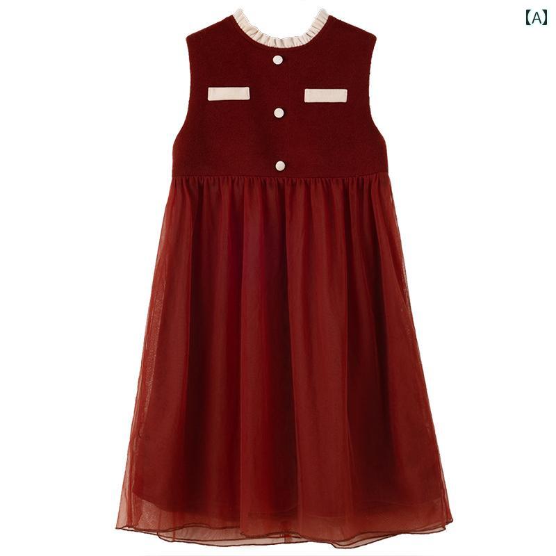 ワンピース キッズ 女の子 ノースリーブ かわいい エレガント 秋冬 レッド ライン デザイン パーティー アウトドア お出かけ