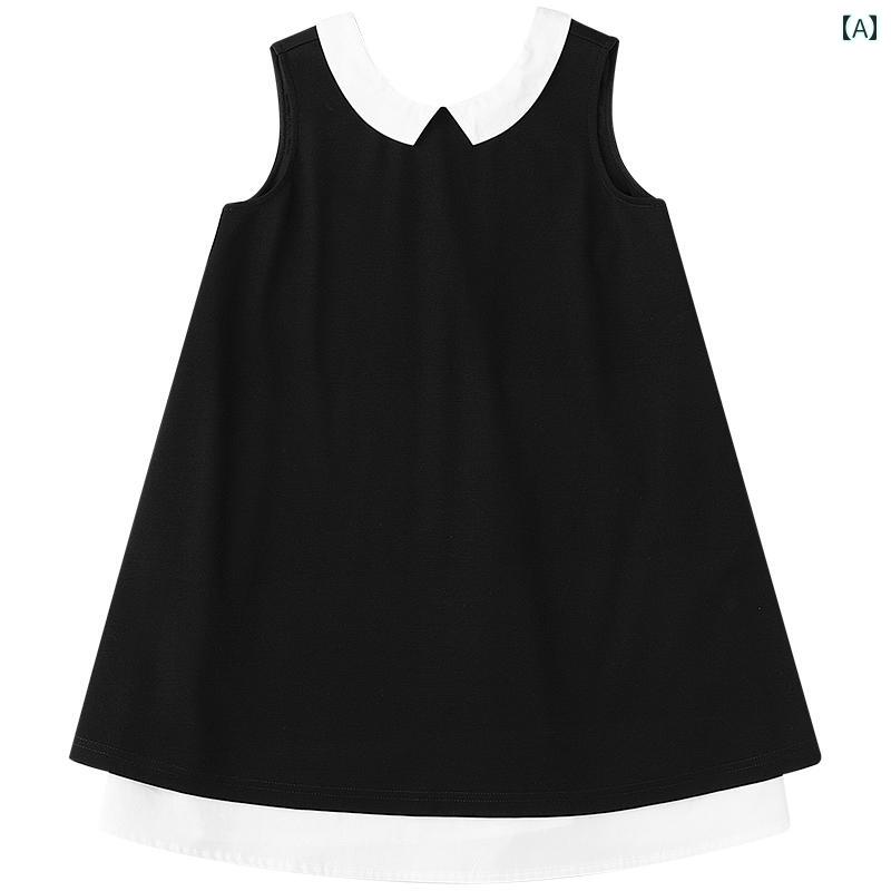 トップス キッズ 女の子 ノースリーブ 重ね着風 夏 ブラック シンプルデザイン スカート カジュアル ビスコース かわいい