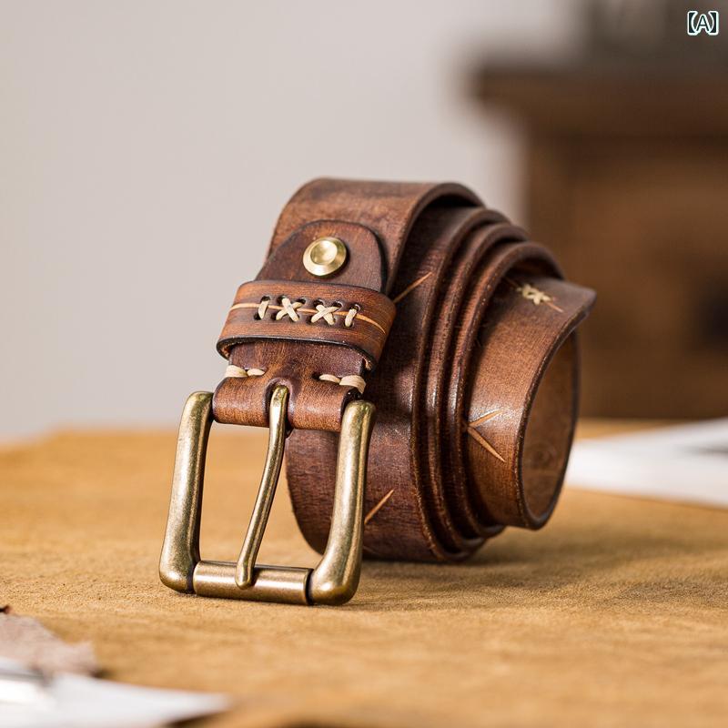 レザー ベルト レトロ バックル 男性 ブラウン ジーンズ スタイリッシュ 柔らかい メンズ 光沢 カジュ..