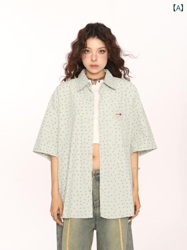 シャツ レディース ガールズ トップス 日焼け防止 ストライプ 夏 半袖 シングルブレスト ボタン ポケット カジュアル ファッション コーディネート オーバーサイズ