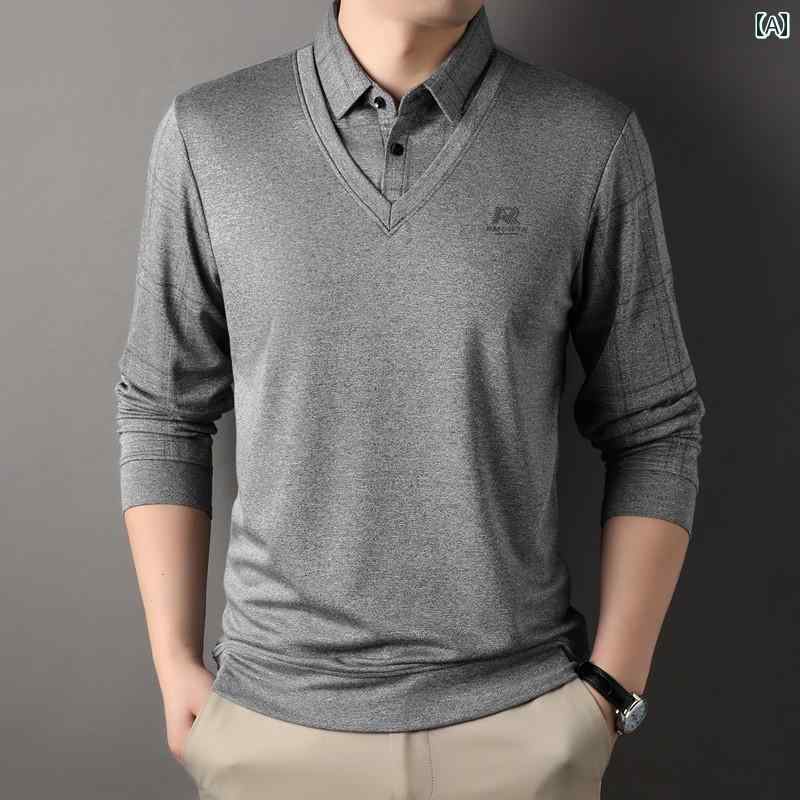 メンズ トップス 春秋 重ね着風 お父さん クラシック スタイリッシュ カジュアル 大人向け 長袖 シャツ 襟