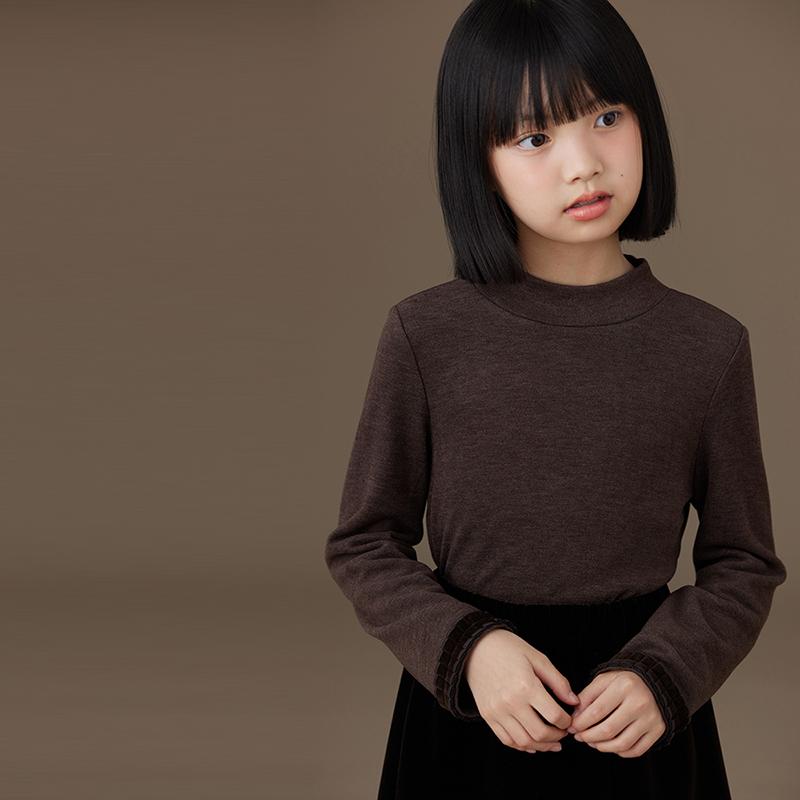 キッズ 子供服 秋冬 長袖 Tシャツ インナー ウェア 焦げ茶色 ココア ブラウン 女の子 ラウンドネック 優しく 暖かい 女の子 レディース カジュアル レイヤード用 ユニセックス