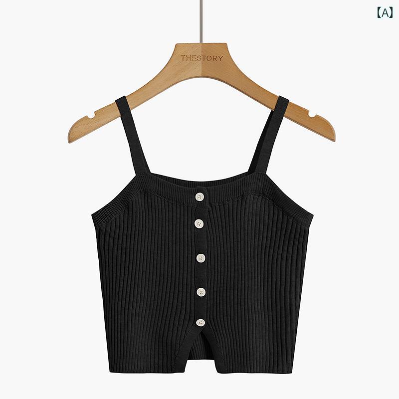 レディース ニットキャミソール 秋 スクエアネック スリム スタイル レトロ ショート ノースリーブトッ..