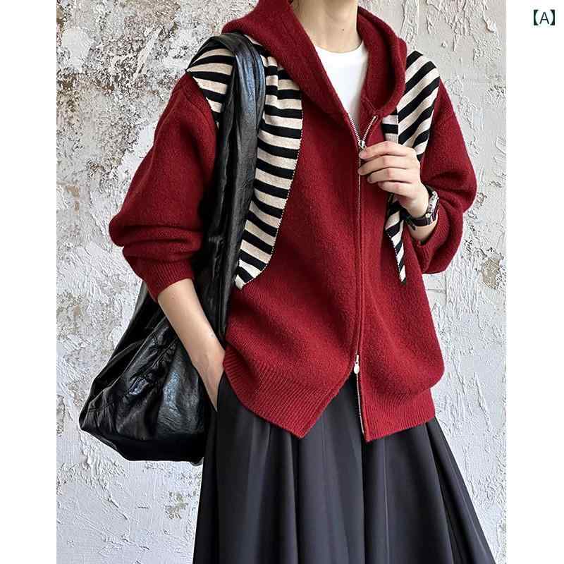セーター ファッション フード付き レディース トップス ジャケット 秋冬 厚手 暖かい 長袖 シンプル ジッパー ミドル丈 おしゃれ