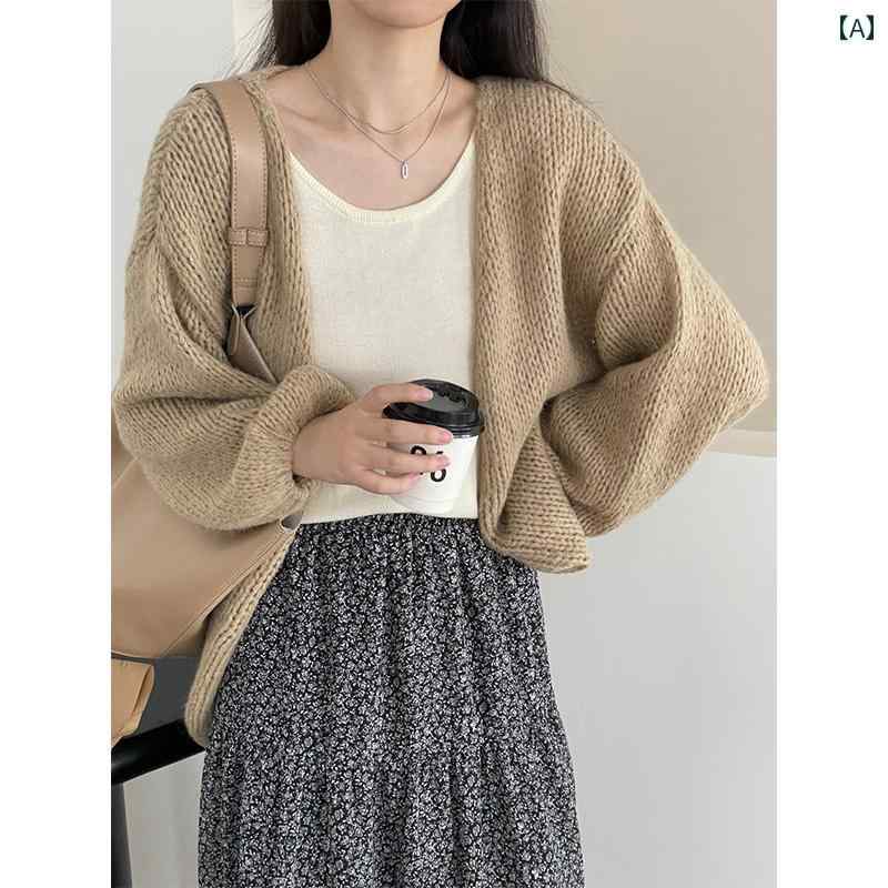 レディース 上着 パフスリーブ ウール ニット カーディガン 羽織 女性 秋冬 ミドル丈 セーター アウタ..