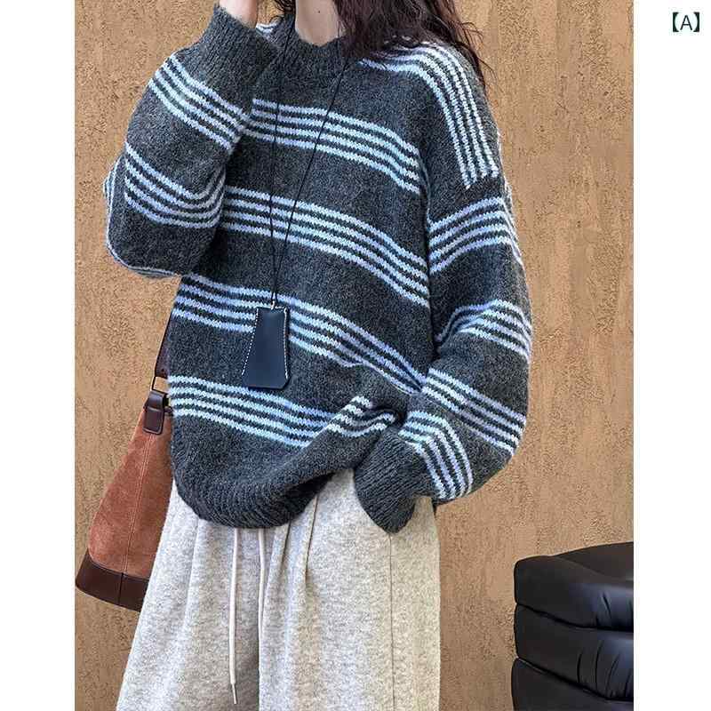 レディース ボーダー ストライプ プルオーバー ニット セーター 女性 秋冬 ミドル丈 ゆったり メンズラ..