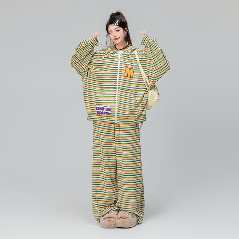 スウェットシャツ ジャケット トップス パンツ ズボン レディース おしゃれ ファッション カジュアル ウサ耳 フード付き 秋 ストライプ ストリート かわいい