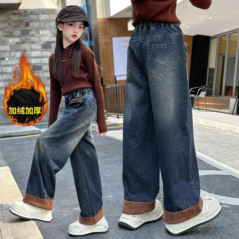 デニムパンツ 子供服 女の子 ガールズ ジーパン ジーンズ ストレートジーンズ 秋冬 裏起毛 暖かい 厚手 通学 アウトドア ルームウェア キッズ