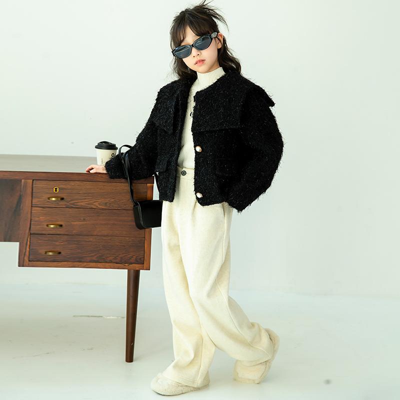 ボアジャケット ウール 秋冬 ガールズ コート 子供用 ファー ジャケット 韓国 ファッション トレンド おしゃれ エレガント 大人っぽい キッズ スタイリッシュ モヘア ラウンドネック