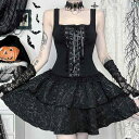 ゴシック 衣装 ワンピース ドレス ショート レディース ダーク ハロウィン ロリータ ハイウエスト サスペンダー 春夏秋 スクエアネック ブラック パーティー...