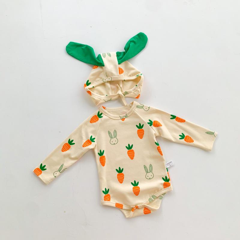 ベビーウェア 赤ちゃん服 バニー かわいい にんじん プリント ロンパース 新生児 乳児 幼児 春秋 はい..