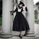 ロリータドレス ワンピース レース フリル リボン 姫袖 裾広がり 長袖 黒 コントラストカラー 秋冬 フリフリ シフォン ロマンティック エレガント 優雅