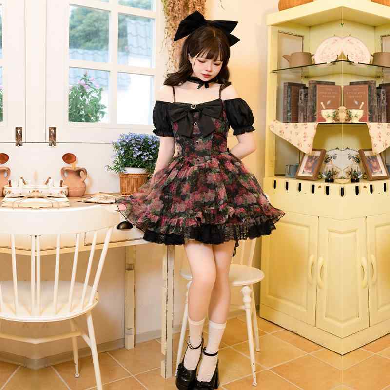 ロリータドレス ワンピース ゴシック レース フリル リボン 花柄 アレンジ可能 袖取り外し可能 ミニ丈 小悪魔 モダン シック シフォン フェミニン