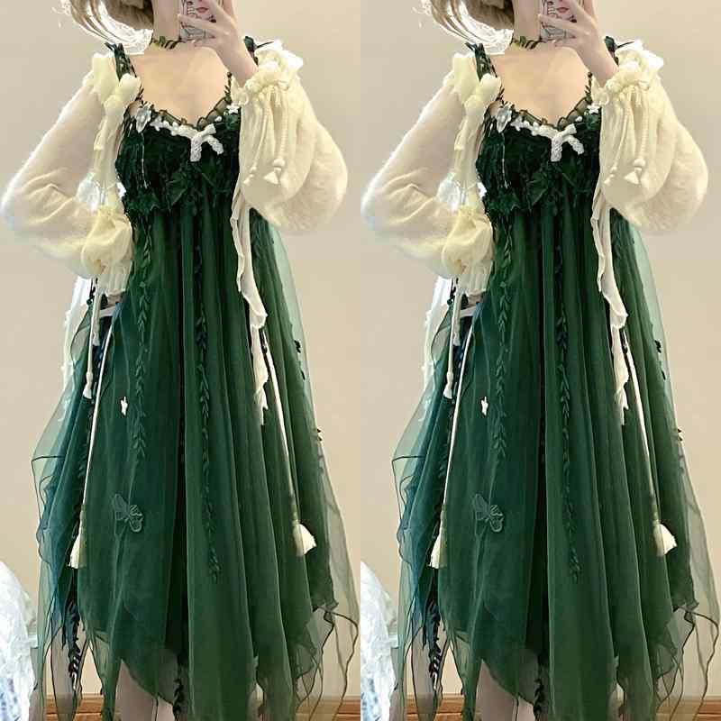 ロリータドレス クラロリ ワンピース キャミドレス レース フリル フロントリボン ノースリーブ ショール 緑 フェアリー ロマンティック 爽やか フォレスト 衣装