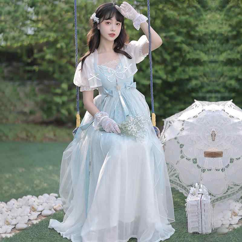 ロリータ キャミドレス ワンピース サマードレス ロング レース リボン 水色 パステル 夏 フェアリー 天使 蝶 エレガント ロマンティック ファンタジー