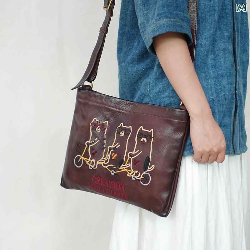 メンズ レディース 革製品 三匹猫 クロスボディバッグ 軽量 収納力 植物タンニンなめし 牛革 レザー レトロ カジュアル かわいい レジャー 普段使いのサムネイル